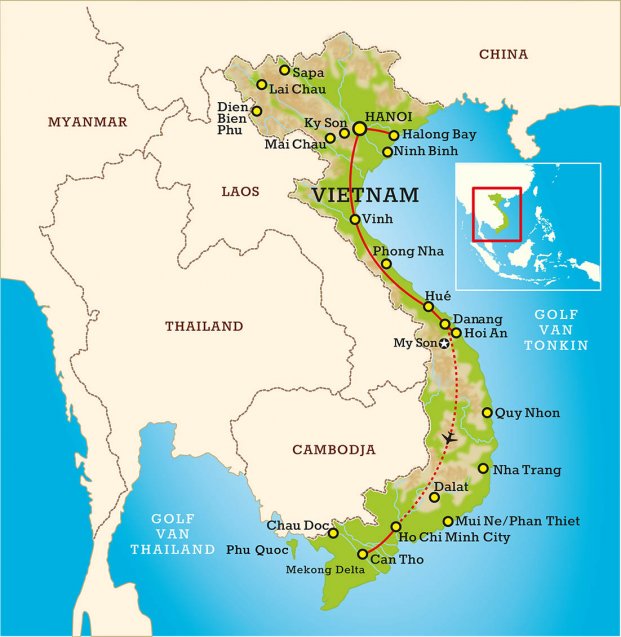Routekaart Vietnam Highlights 15 dagen